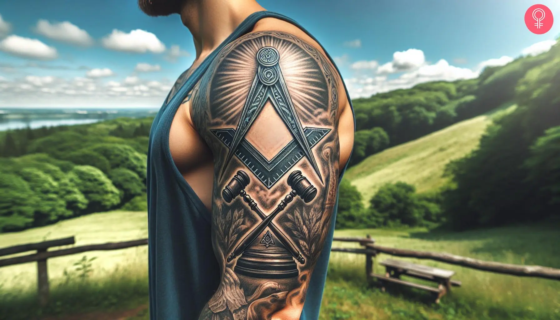 Man with a Masonic working tools tattoo on the upper arm