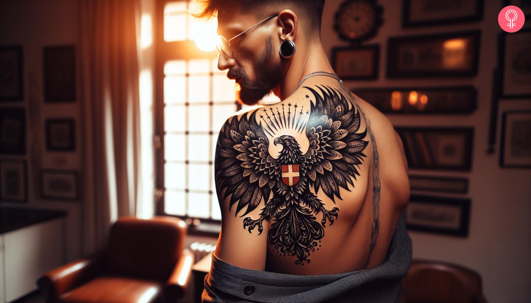 Man with a Polish eagle tattoo on his shoulder