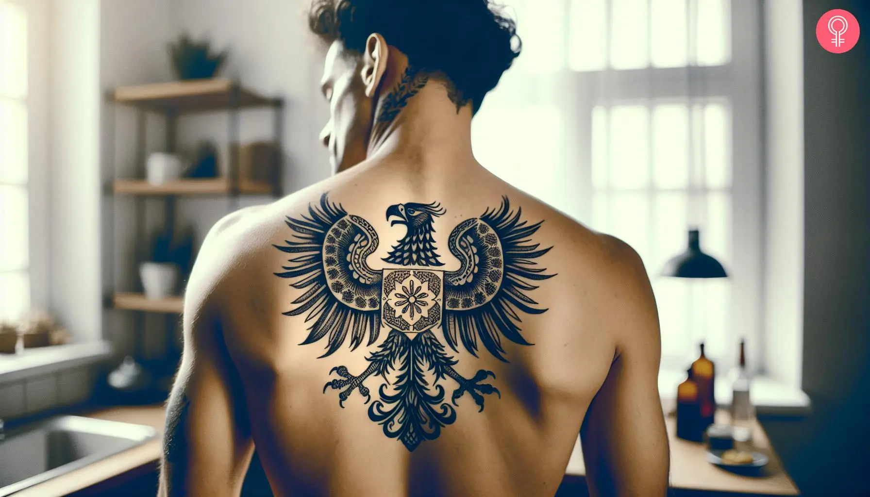 Man with a Polish eagle back tattoo