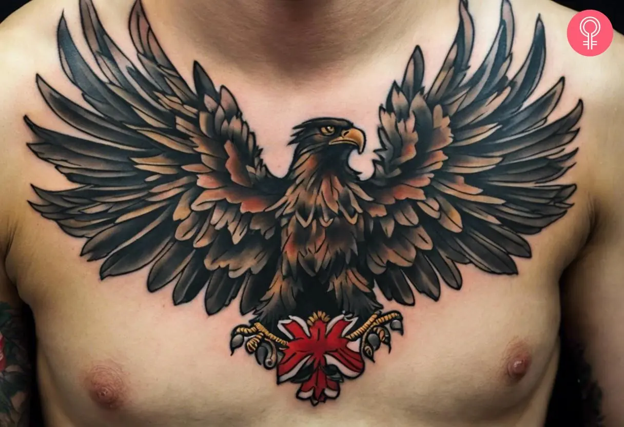 Man with a Polish eagle chest tattoo