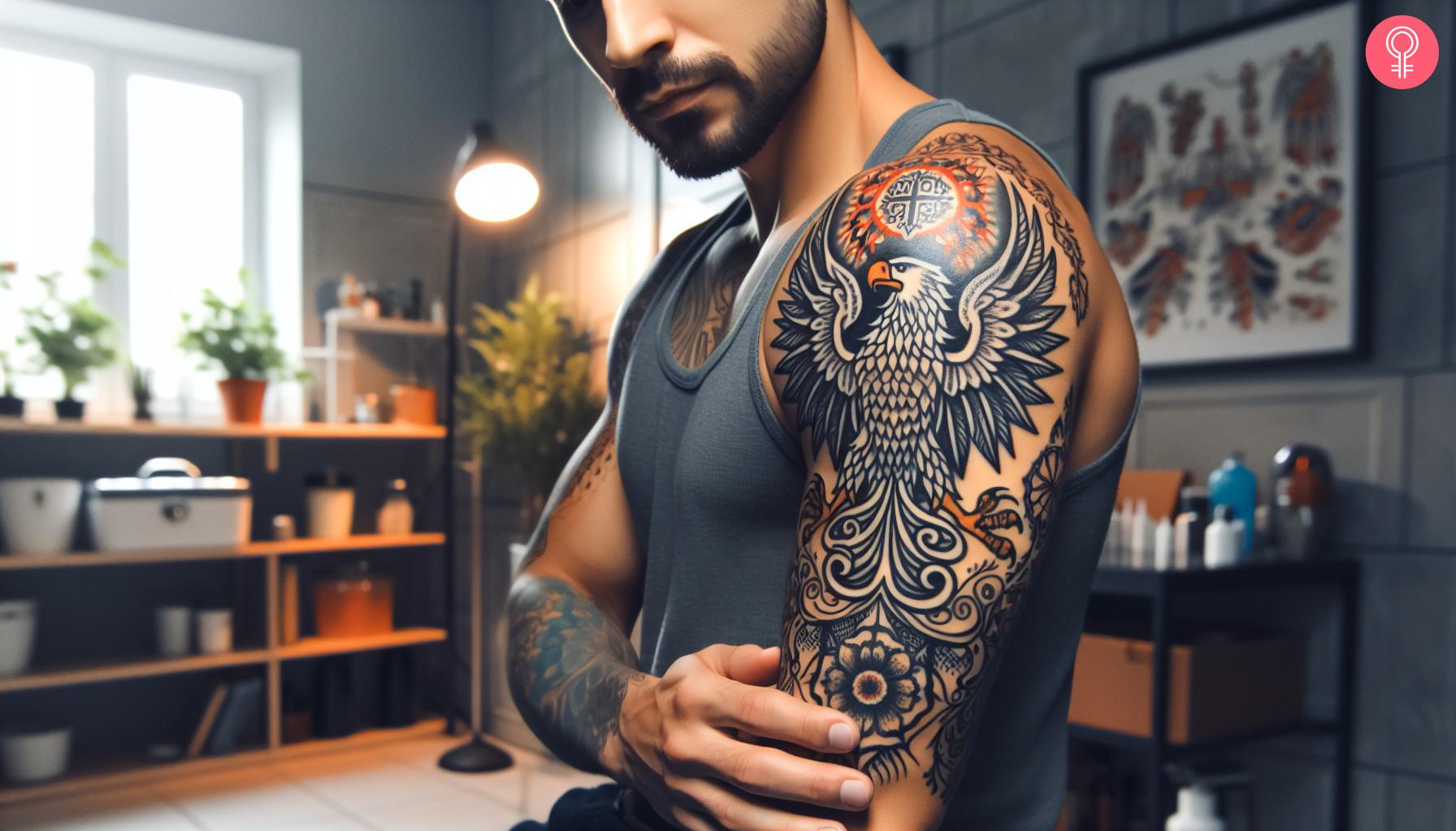 Man with a Polish eagle tattoo on a half sleeve