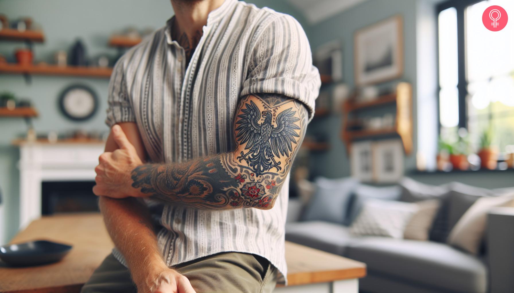 Man with a Polish eagle tattoo on his biceps