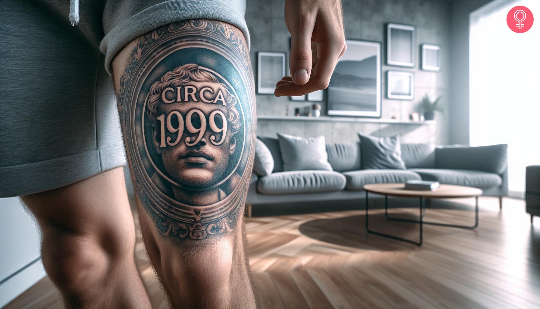 Man with birth year tattoo above knee