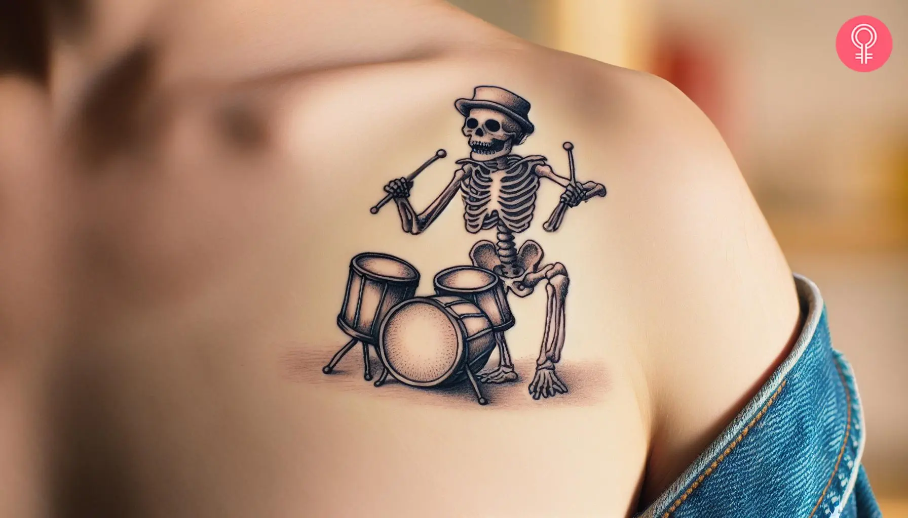 Man with a skeleton playing the drum tattoo on the front shoulder