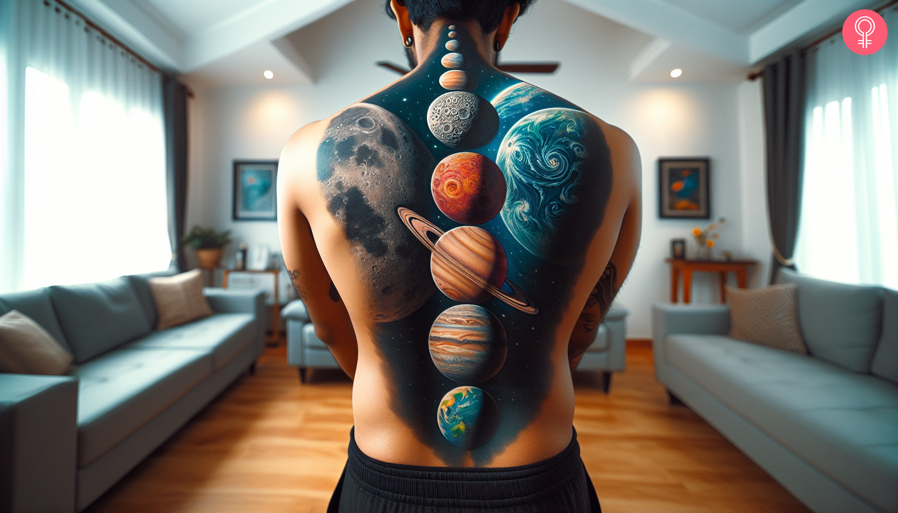 Man with a tattoo of planets on the spine