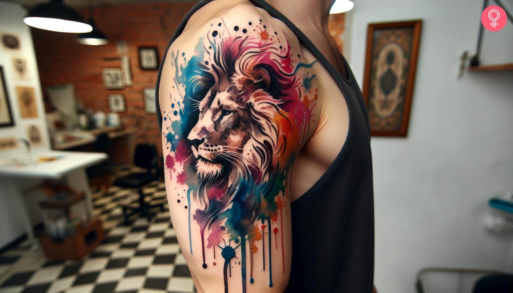 Man with artistic lion tattoo on his arm