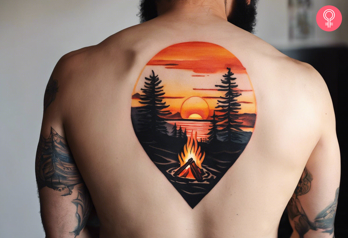 Man with nature camping tattoo on his back