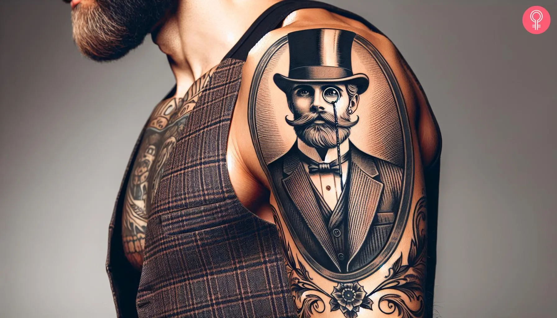 Man with old school gentleman tattoo on his upper arm