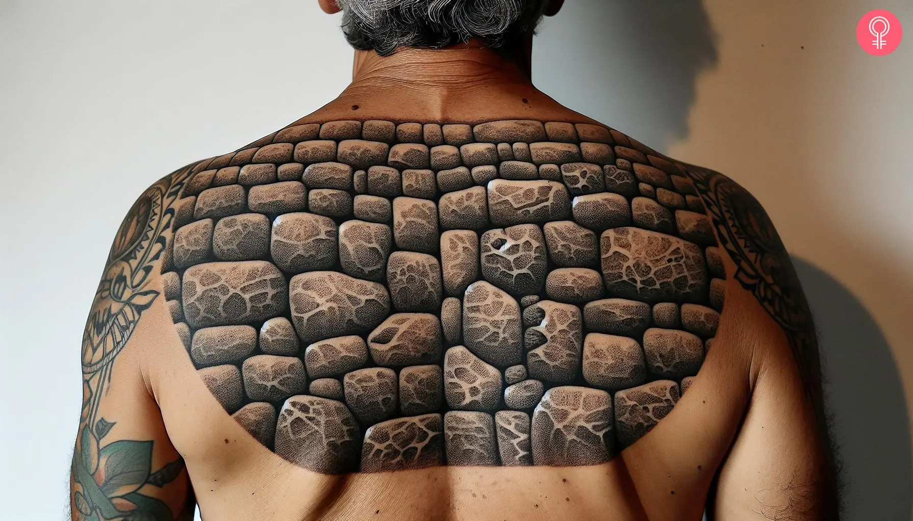 Man with stone wall tattoo on his upper back