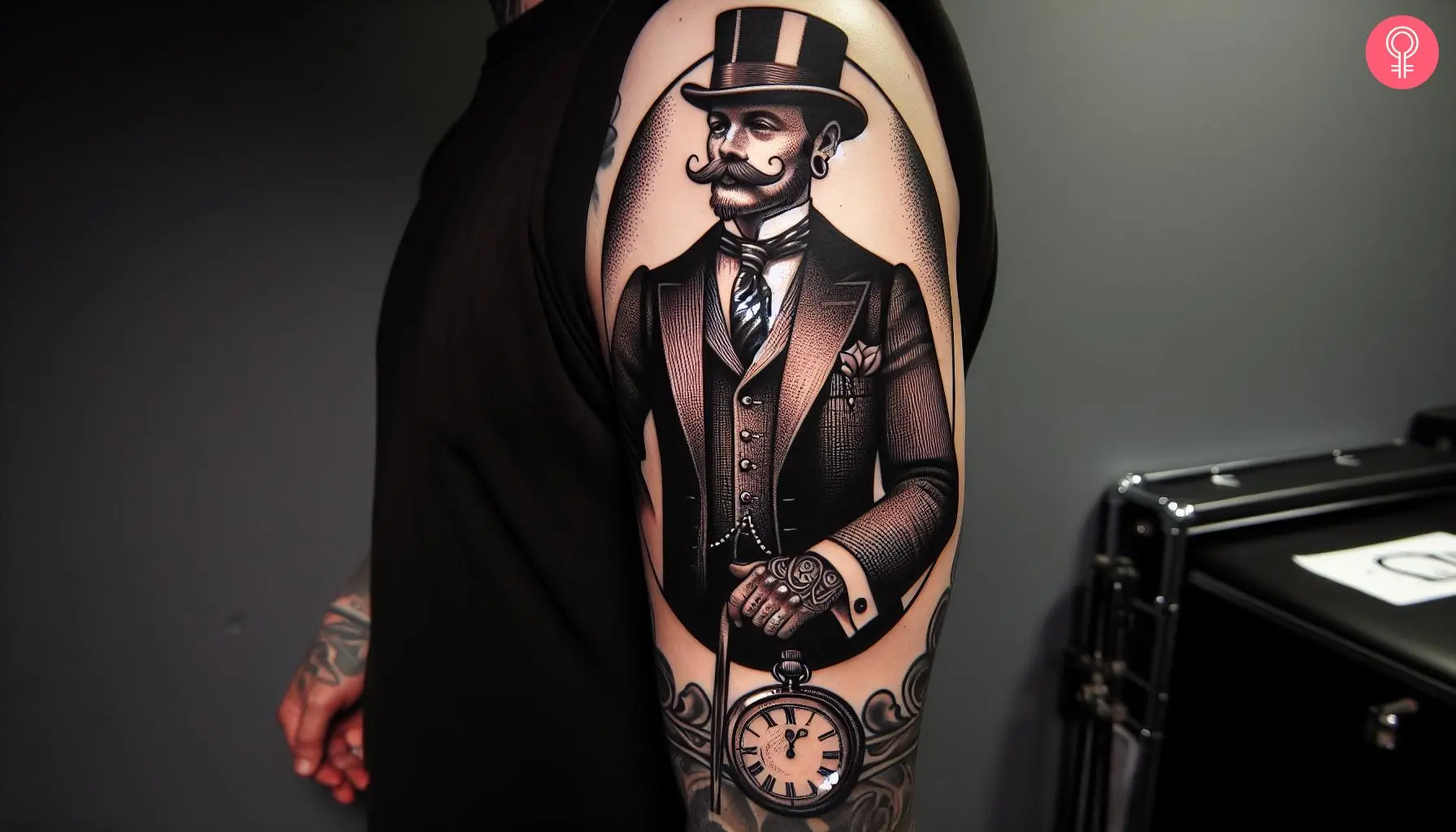 Man with traditional gentleman tattoo on his arm