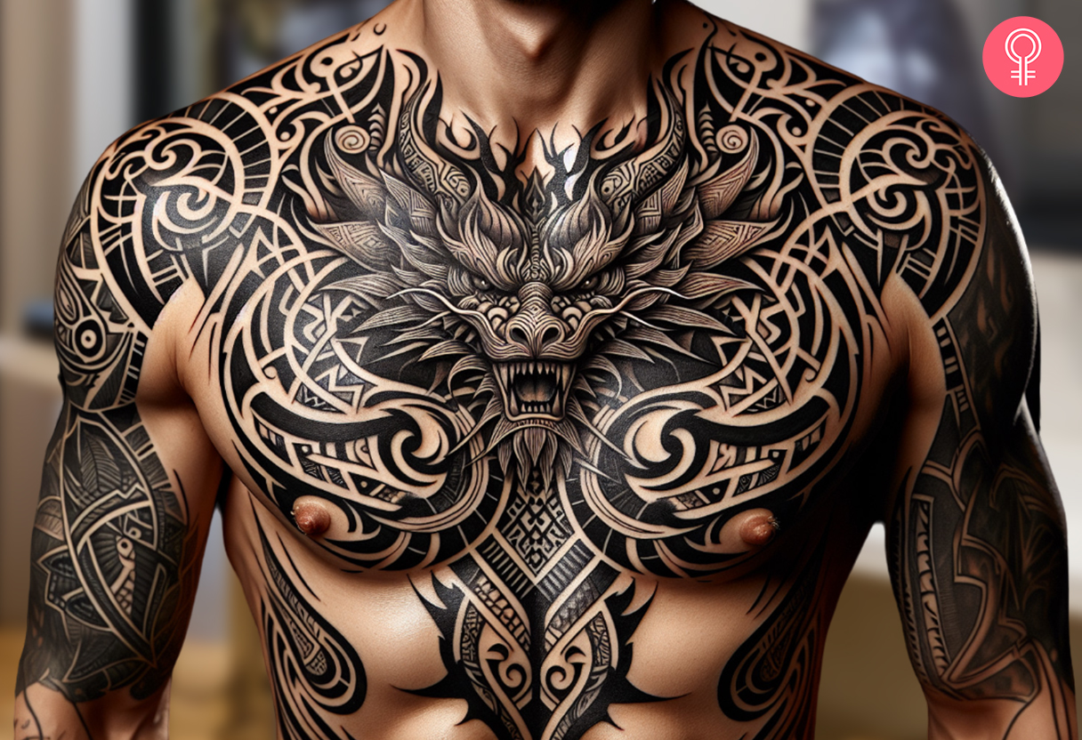 Man with tribal dragon chest tattoo