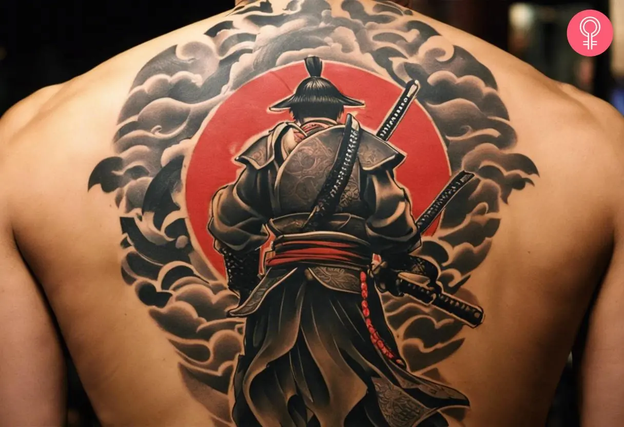 Man with yakuza samurai back tattoo