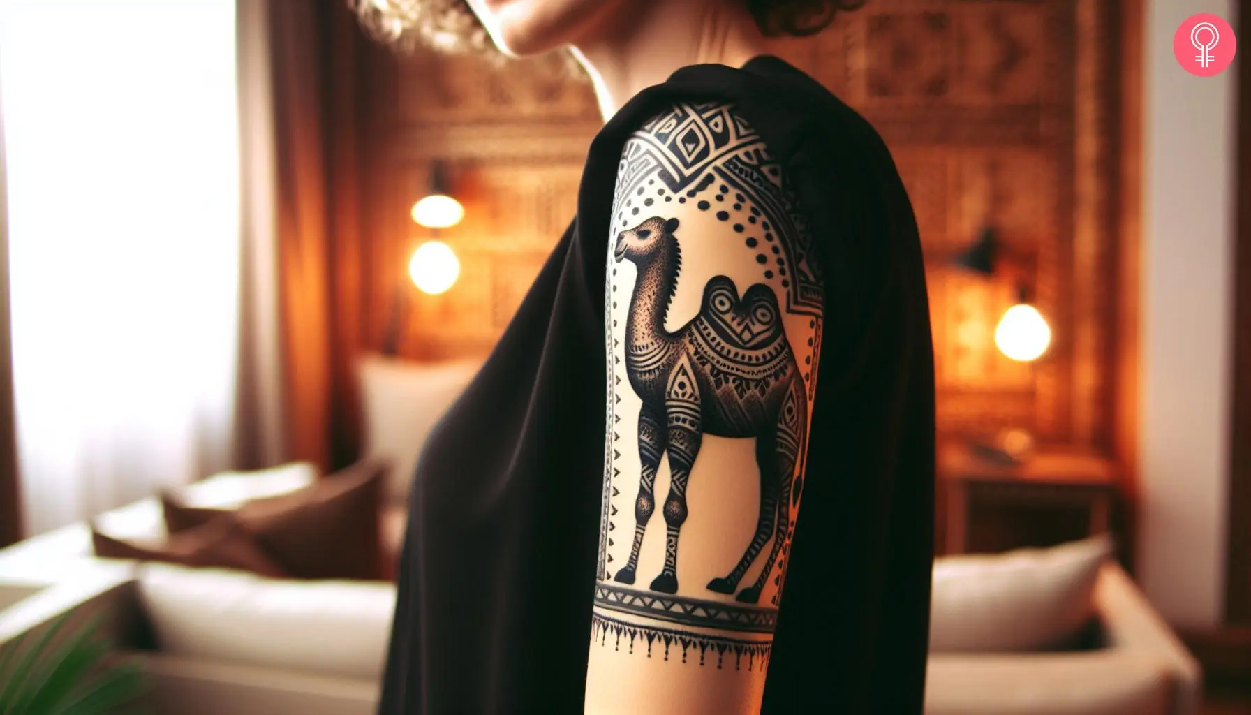 Woman with a mandala camel tattoo on the upper arm