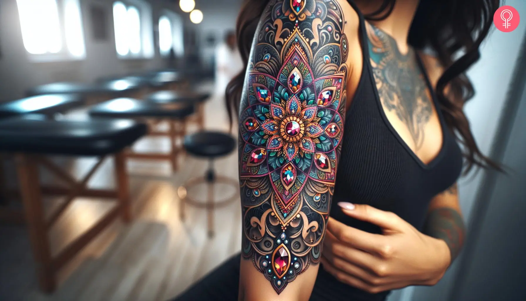 An intricate mandala gem tattoo covering the upper arm of a woman