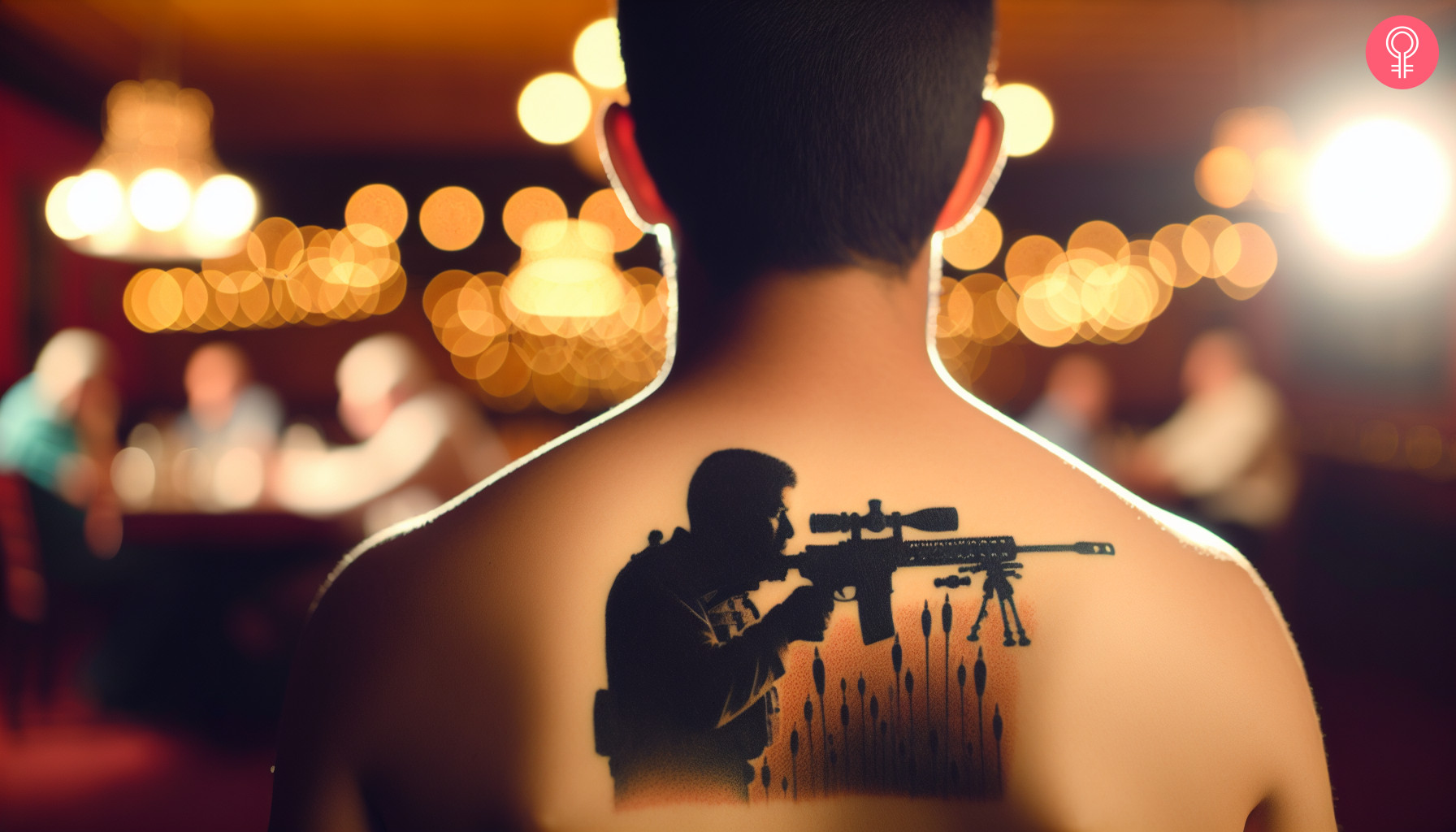 Marksman sniper tattoo on the back of a man