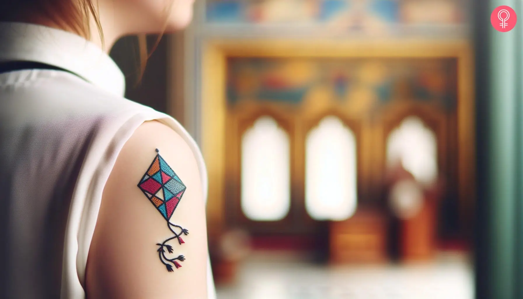 A woman with a colorful Mary Poppins kite tattoo on her upper arm