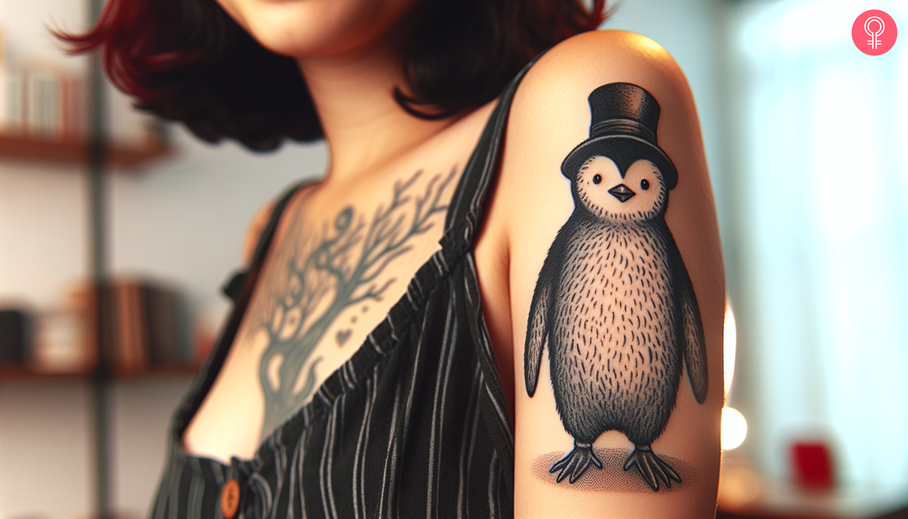 A woman with a black Mary Poppins penguin tattoo on her upper arm