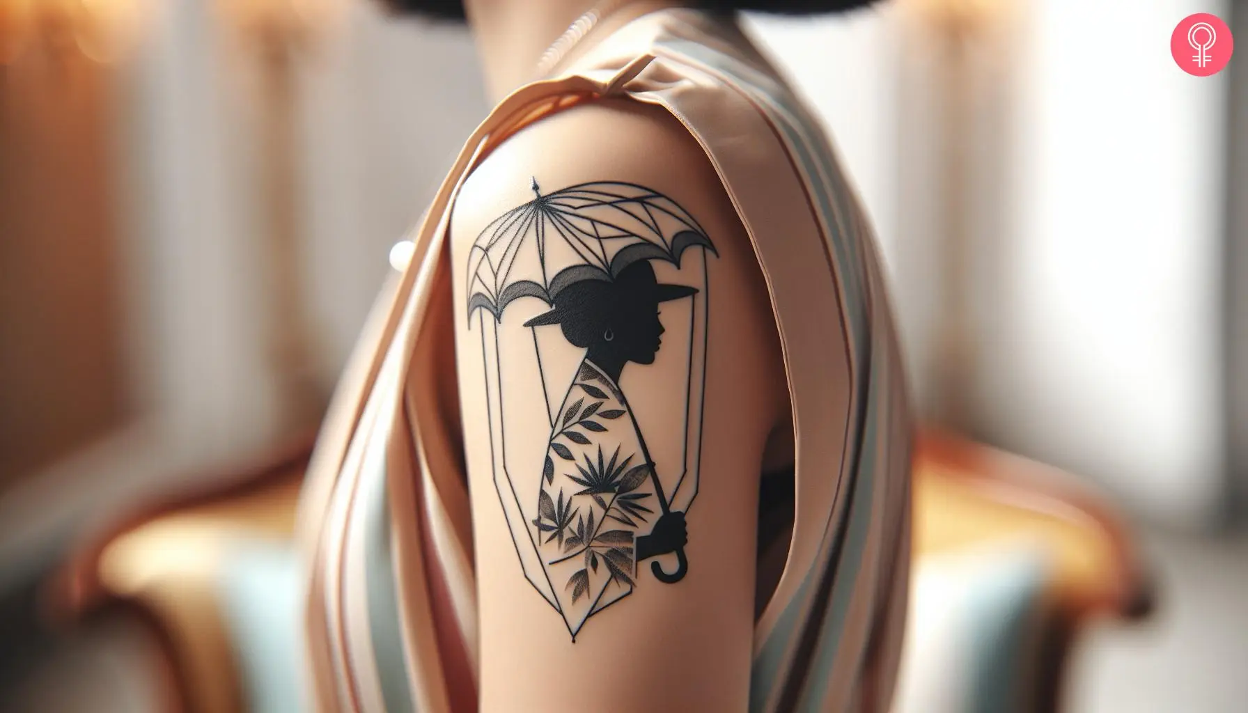 A woman with a black Mary Poppins umbrella tattoo on her upper arm