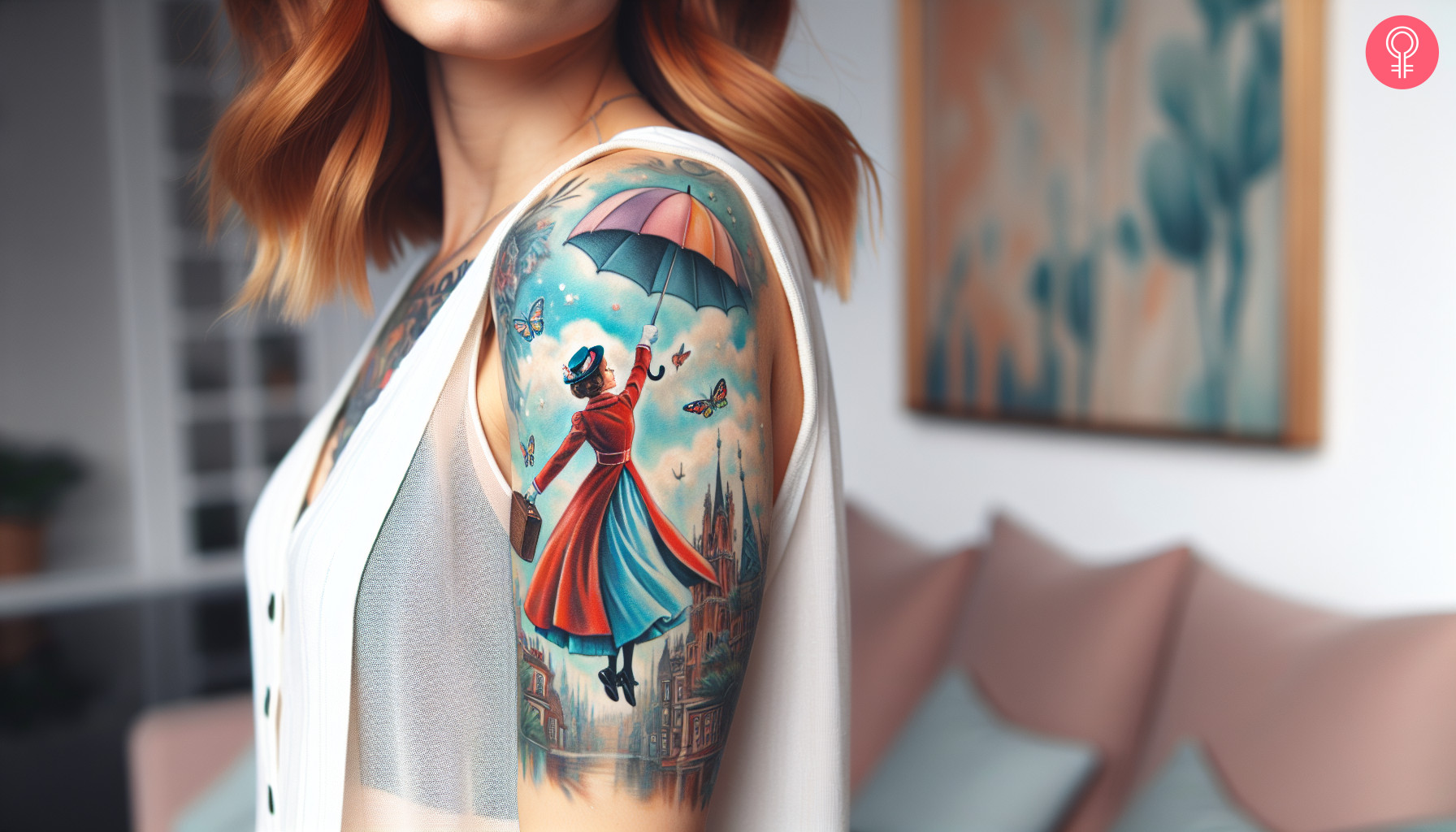 A woman with a watercolor-style Mary Poppins tattoo on her upper arm