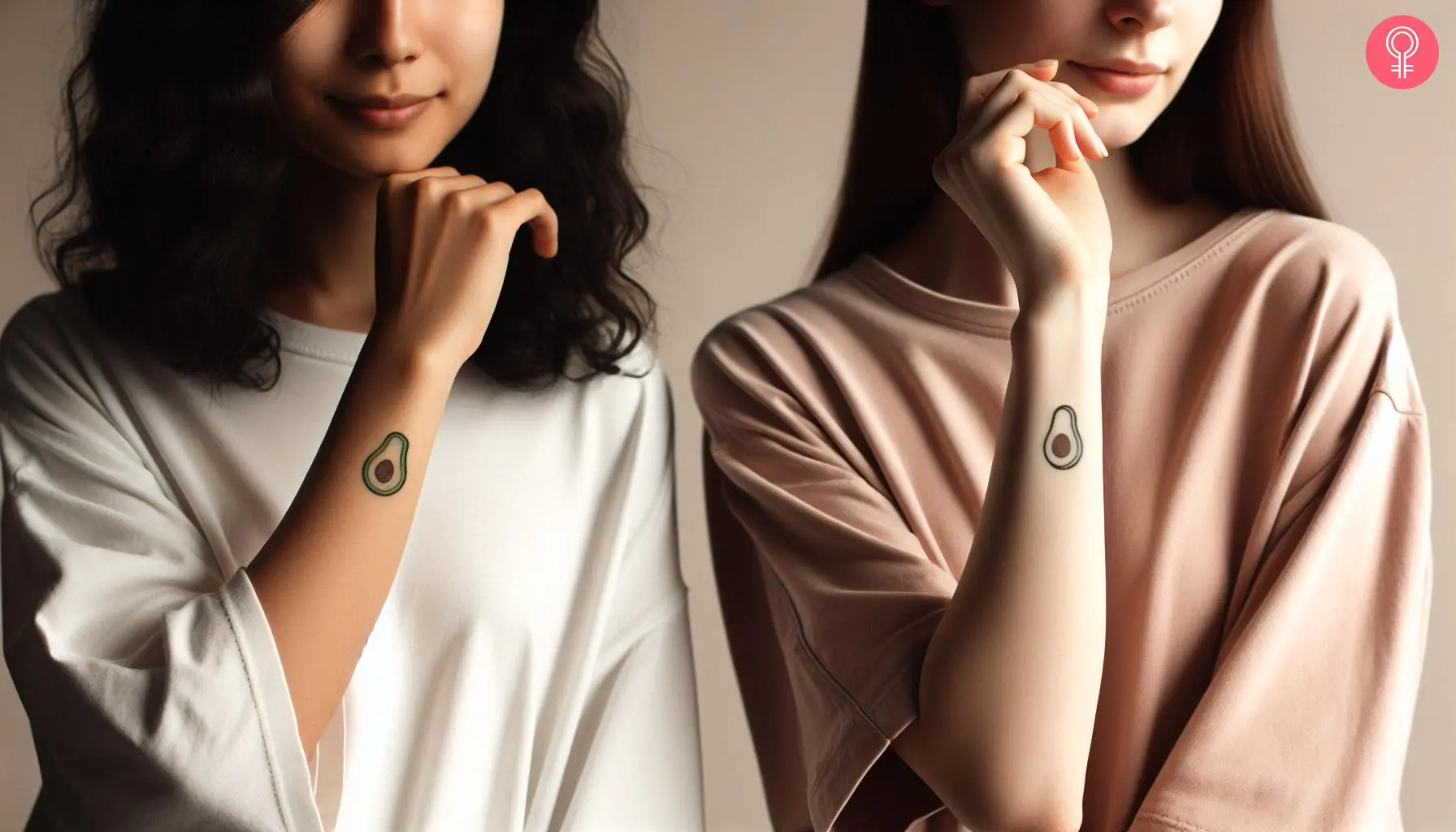 Avocado matching tattoo on the forearm of two women