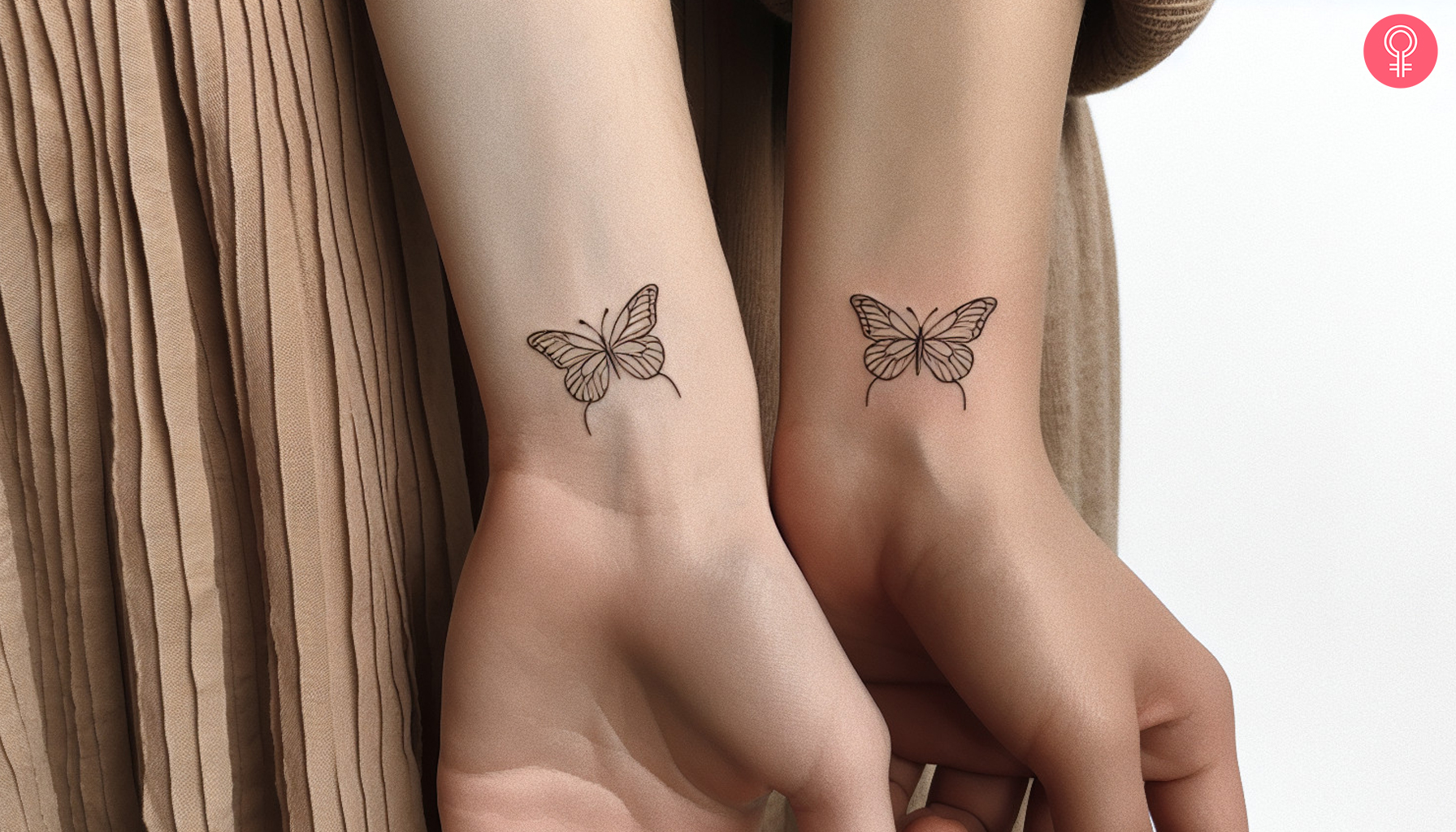 Tiny matching line butterfly tattoos on the wrist