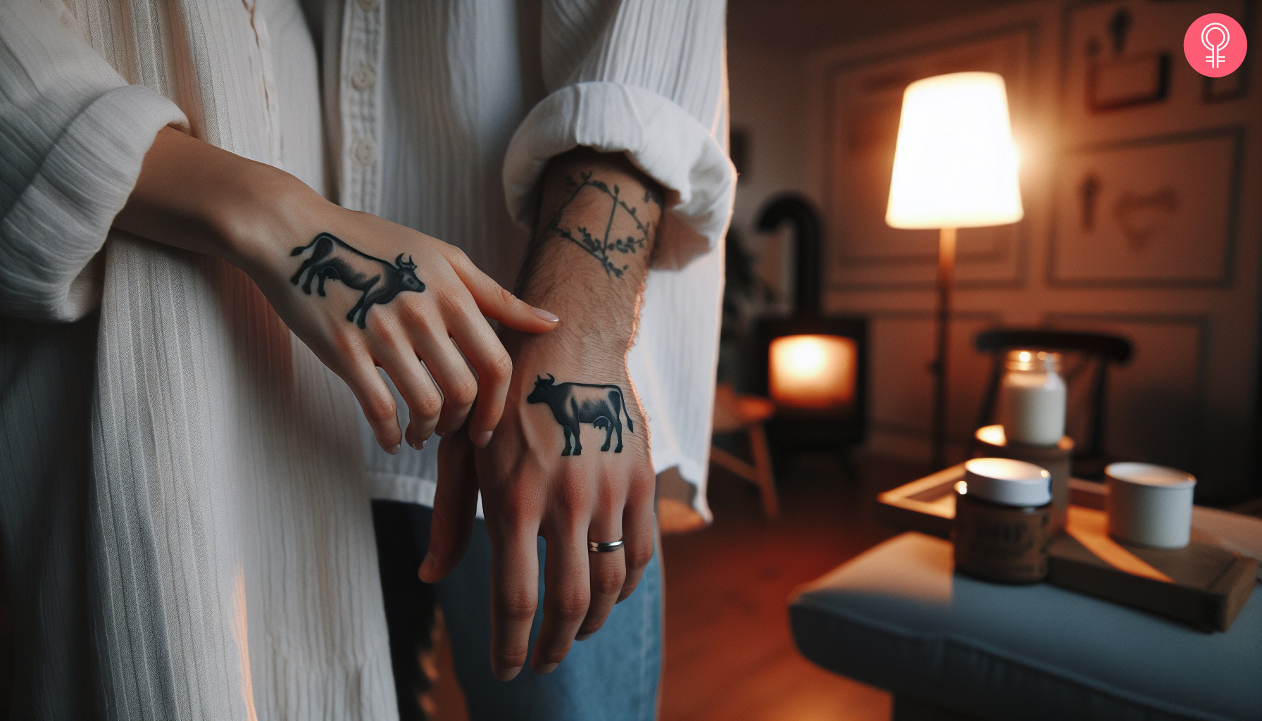 Matching cow tattoos on the hands of a couple