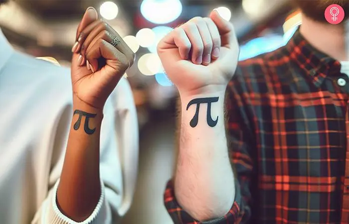 Matching pi tattoos on the forearms of two friends