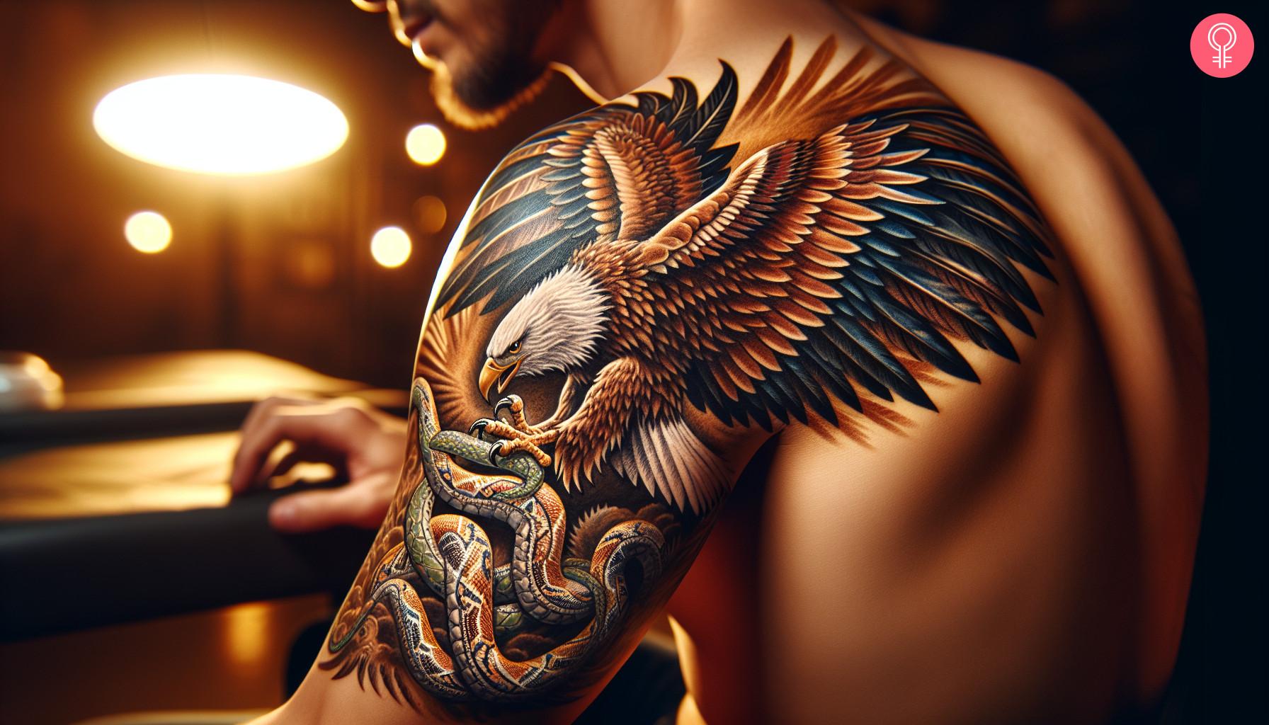 Mexican American eagle tattoo on the shoulder of a man