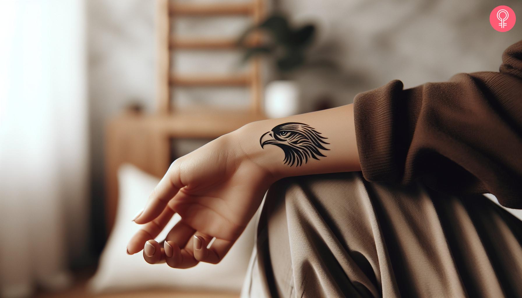 Mexican eagle head tattoo on the wrist of a woman