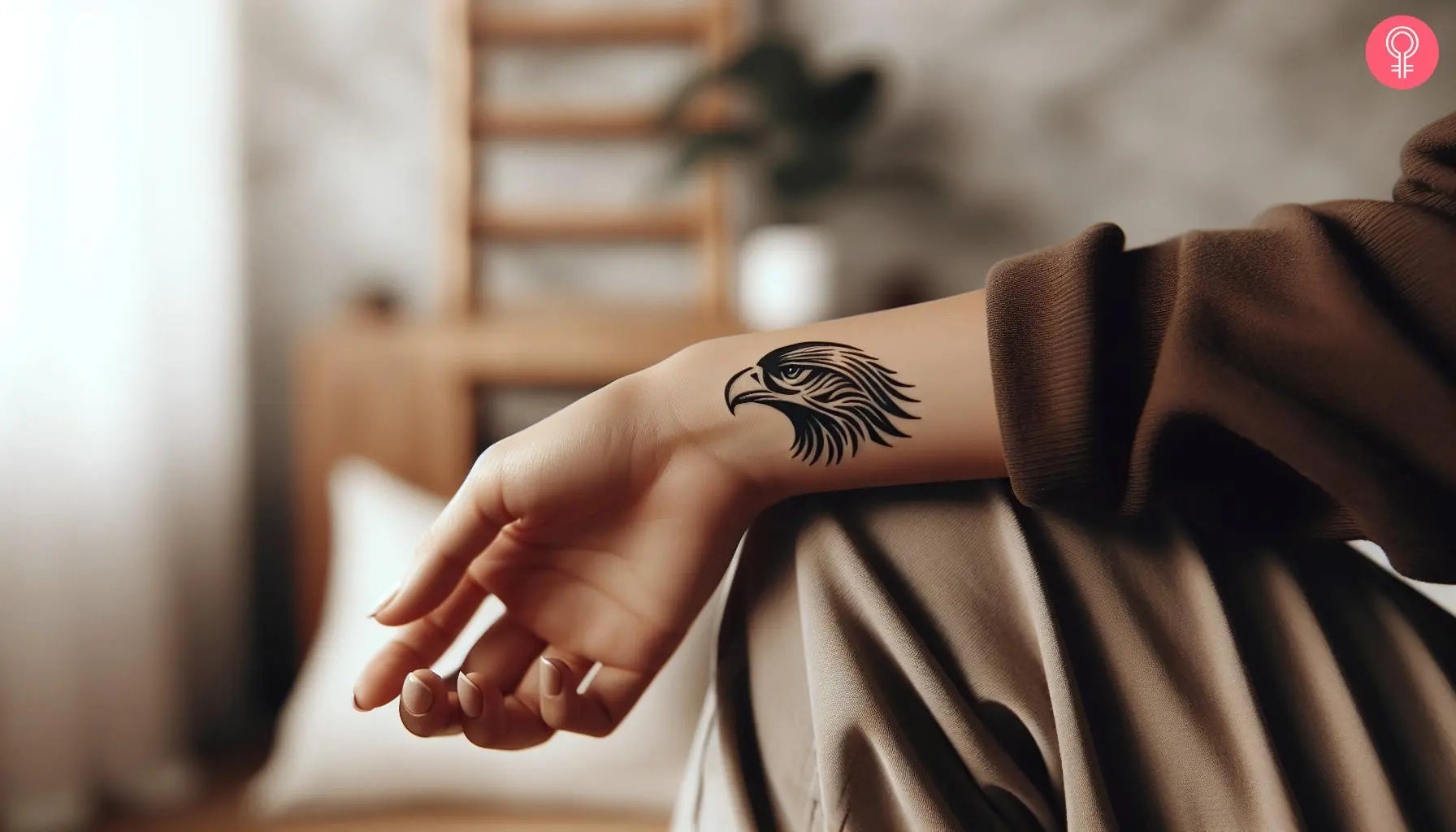 Mexican eagle head tattoo on the wrist of a woman