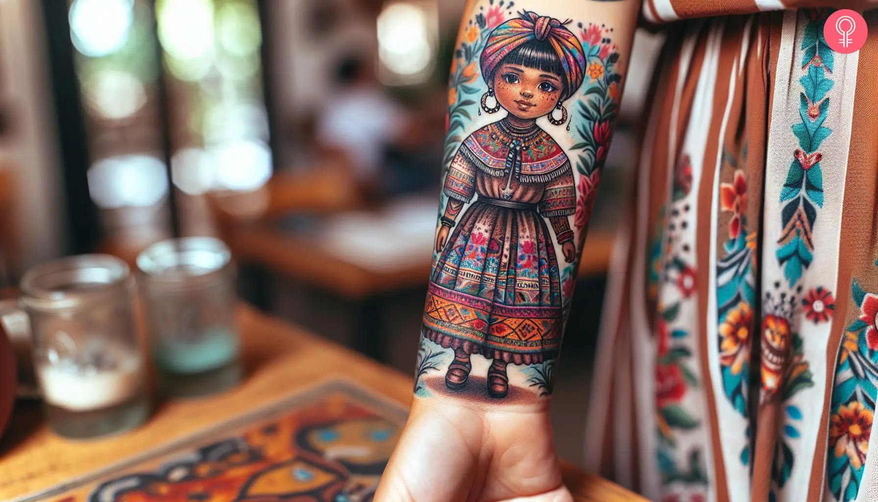 Mexican girl with bandana tattoo on the forearm