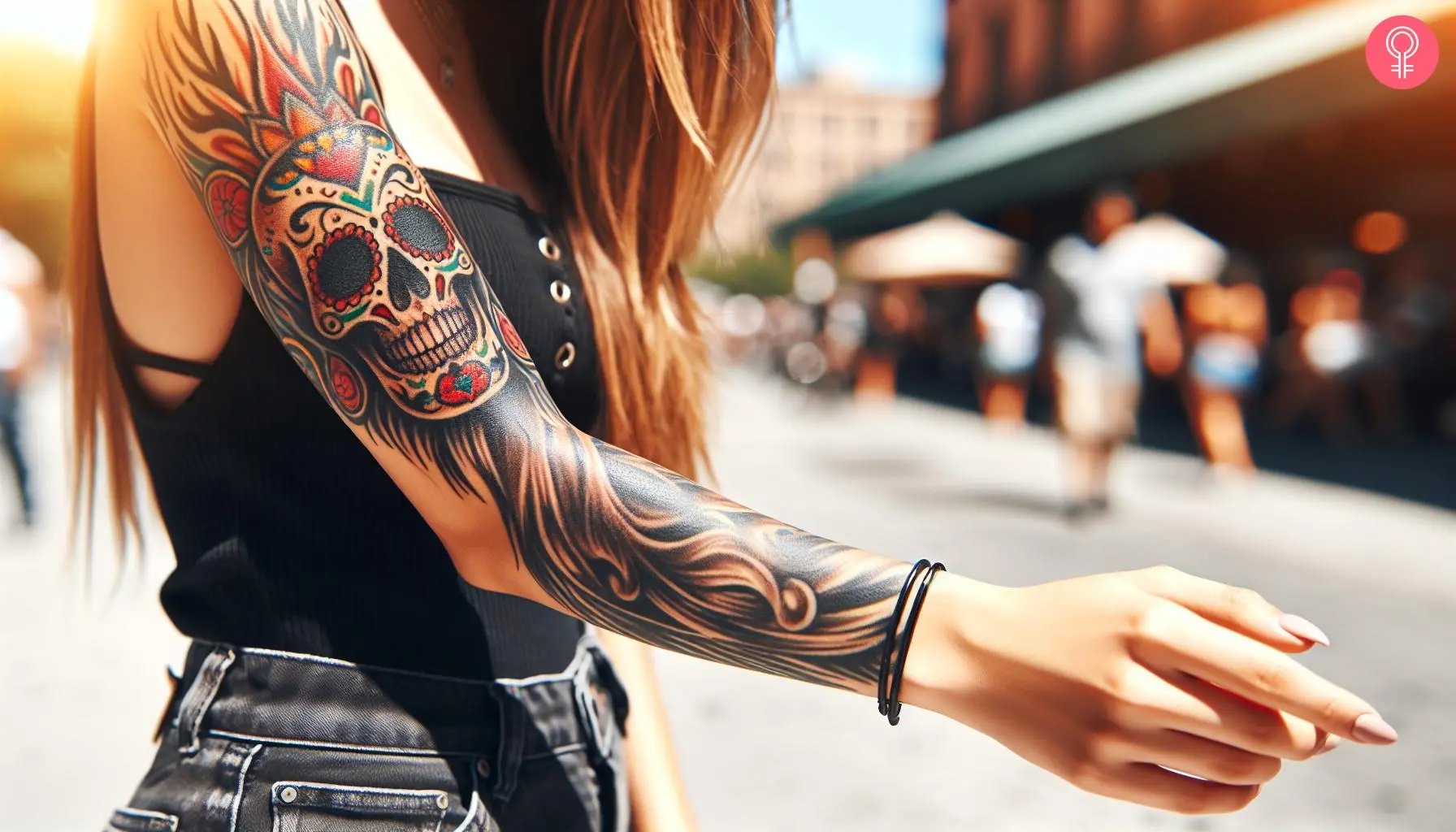 Mexican heritage tattoo on the arm sleeve of a woman