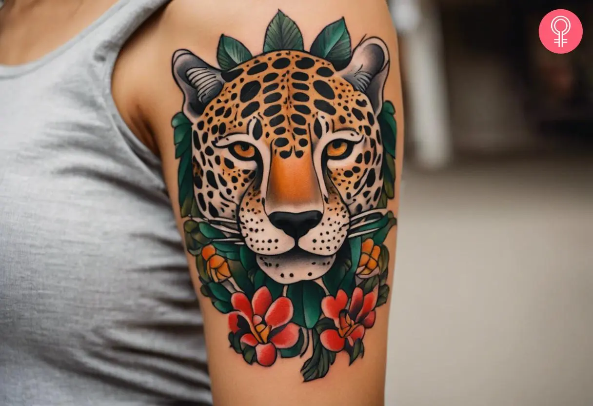 Mexican jaguar tattoo on a woman’s arm