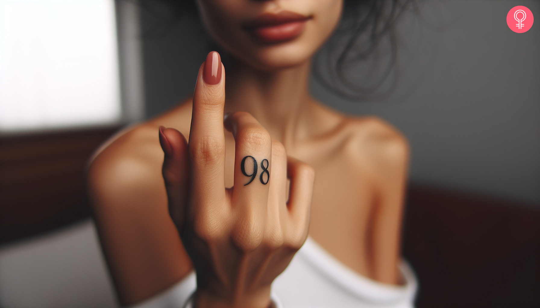 Woman with minimalist 98 tattoo on her finger