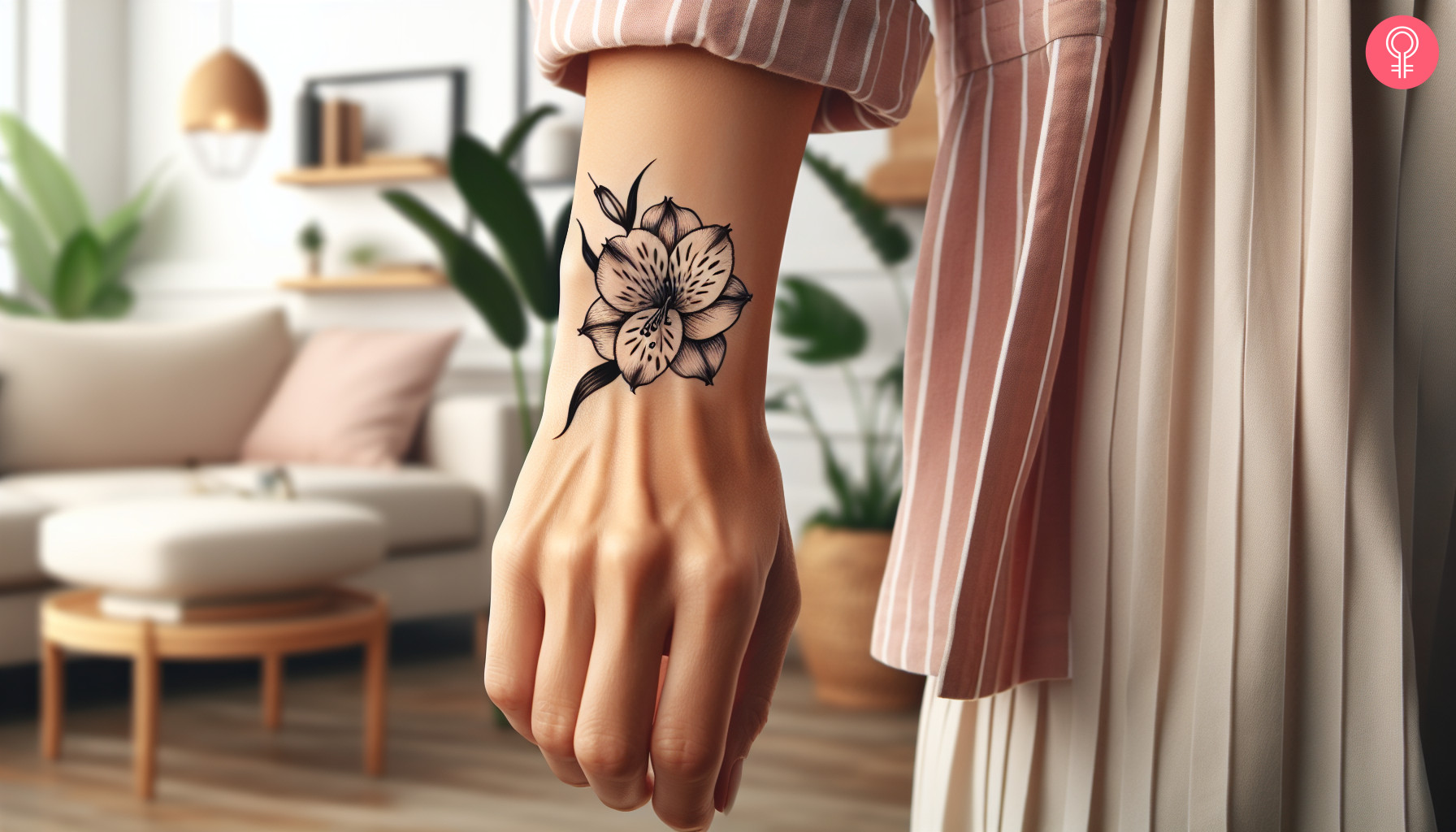 Minimalist alstroemeria tattoo on the hand of a woman