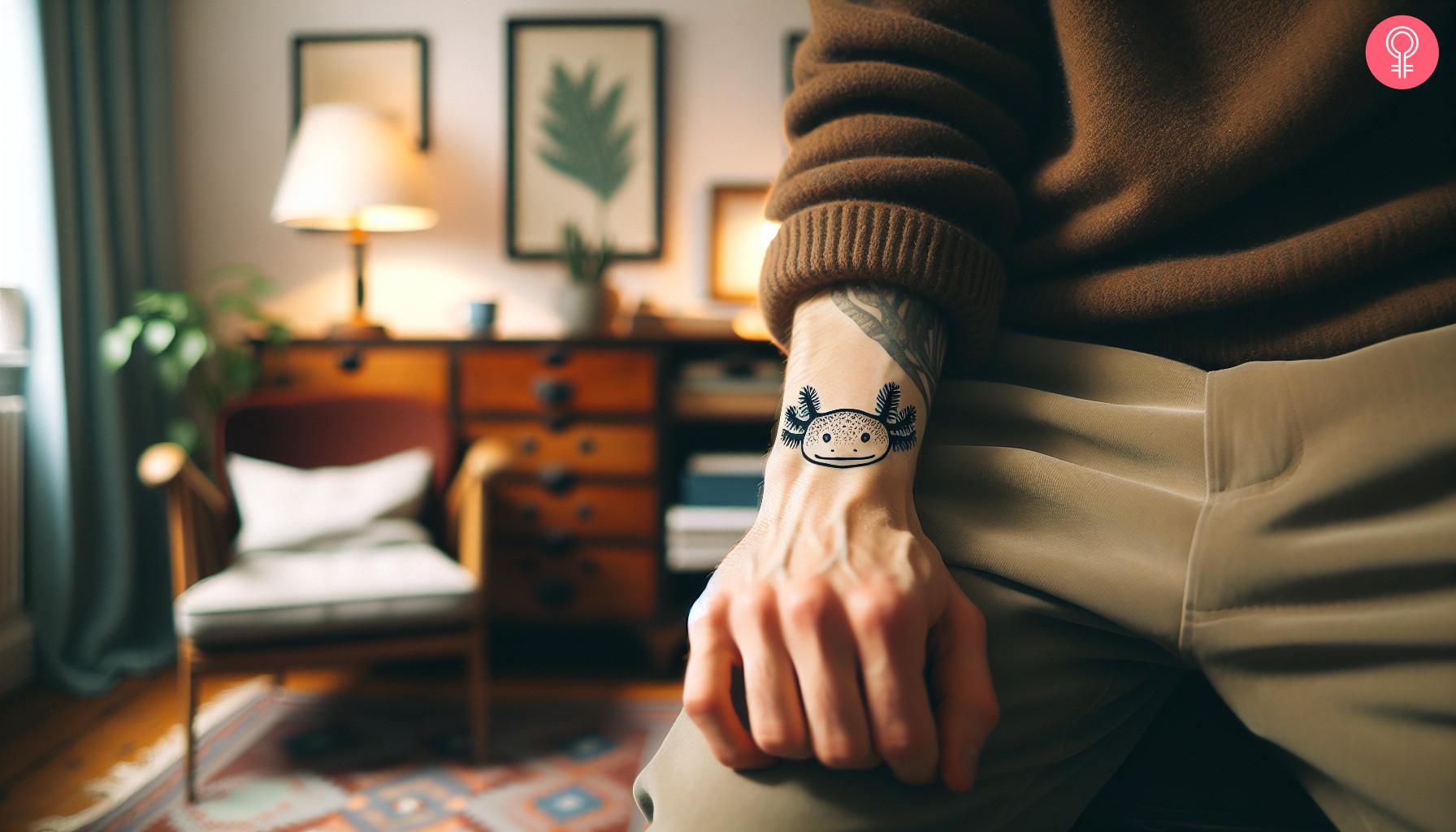 Minimalist Axolotl head tattoo on the wrist