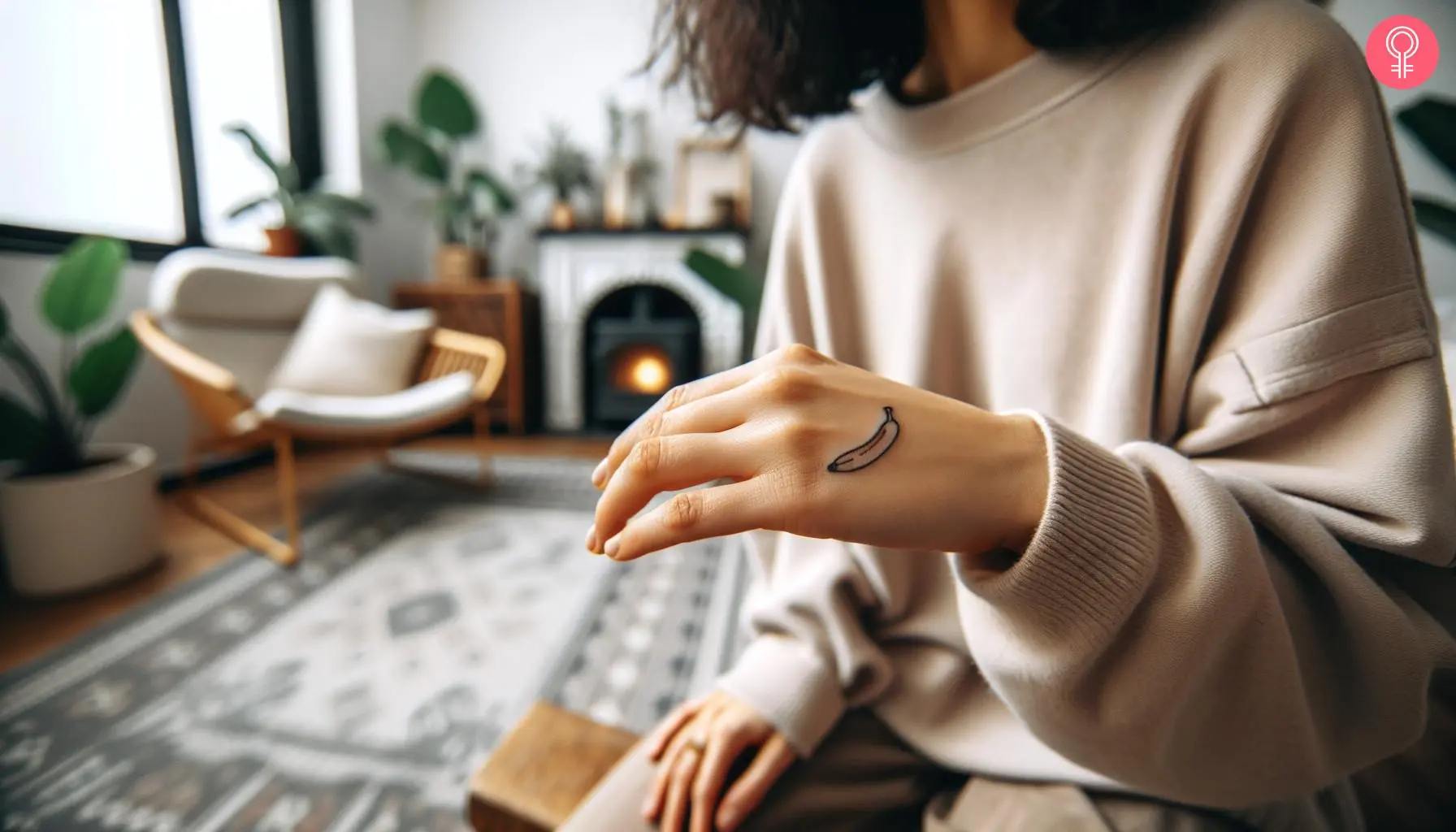 Minimalist banana tattoo on the hand of a woman