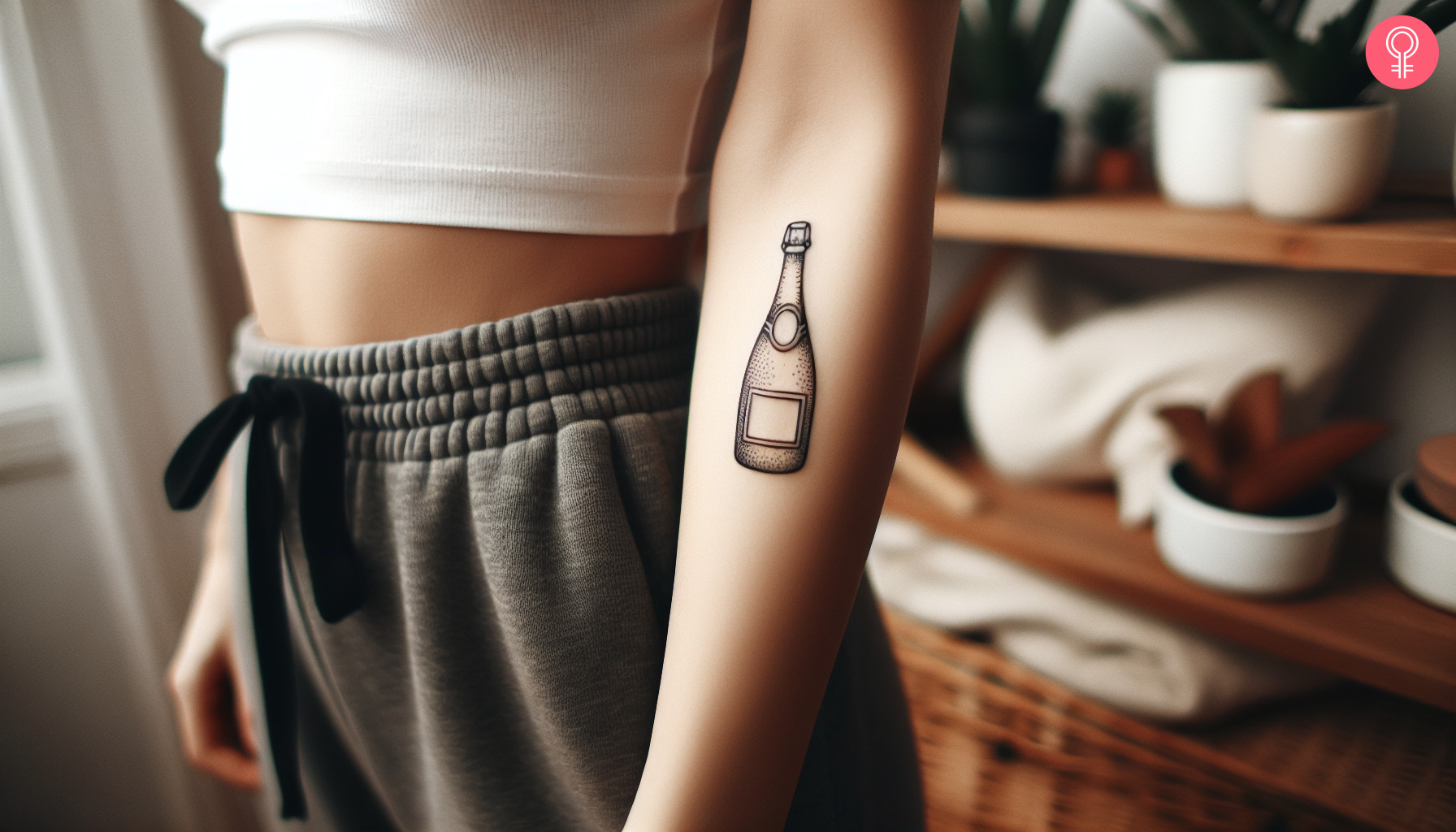 A minimalist champagne tattoo on the forearm of a woman