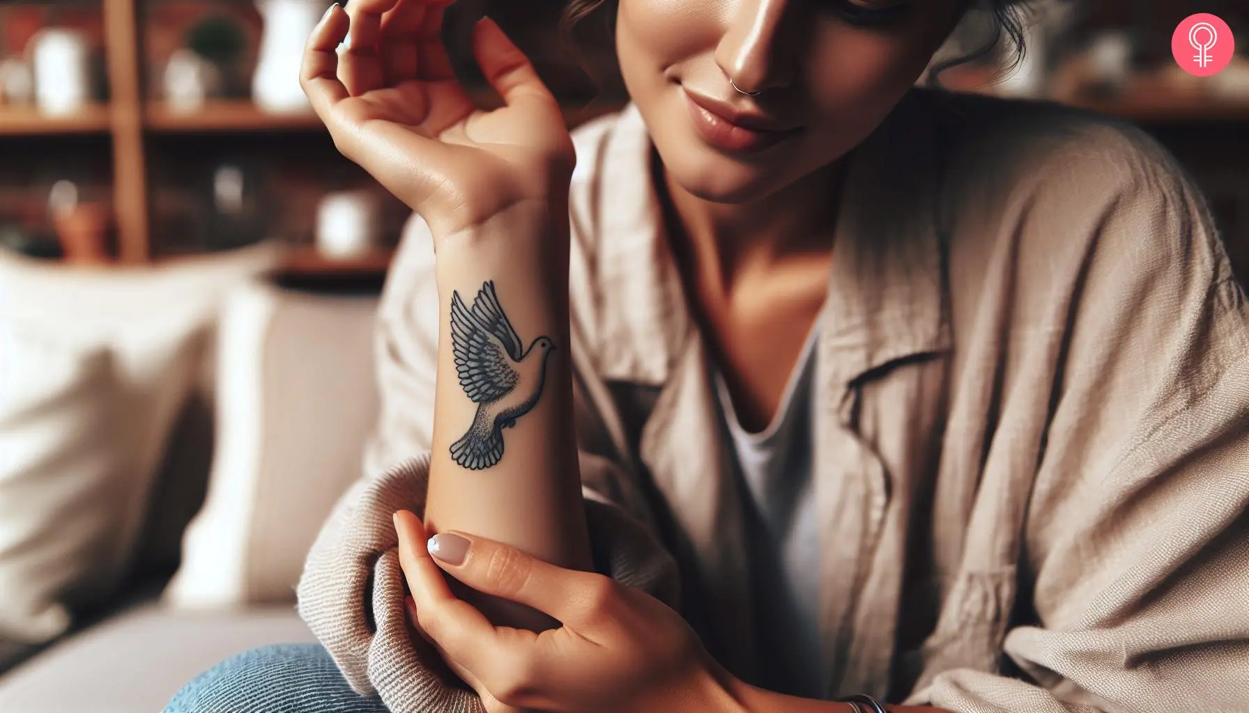 A woman with a stippled dove tattoo on her lower arm