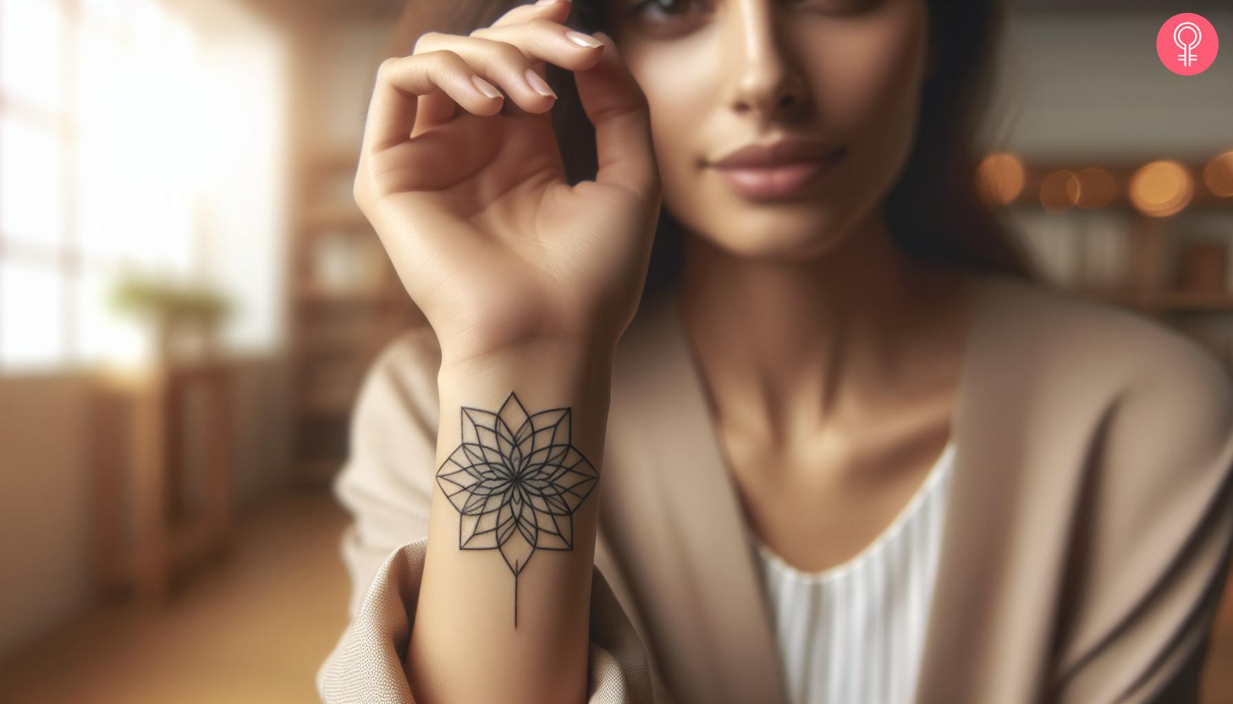 Minimalist geometric flower tattoo on a woman's wrist