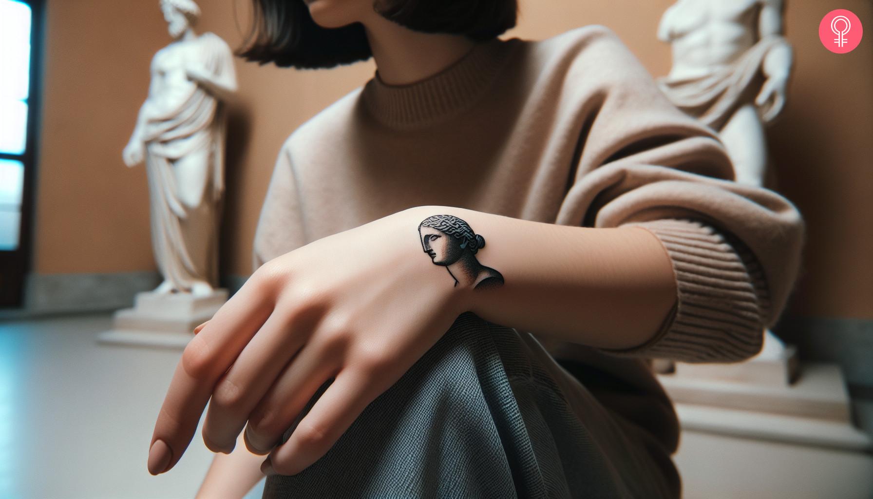 Minimalist Greek statue tattoo on a woman's hand