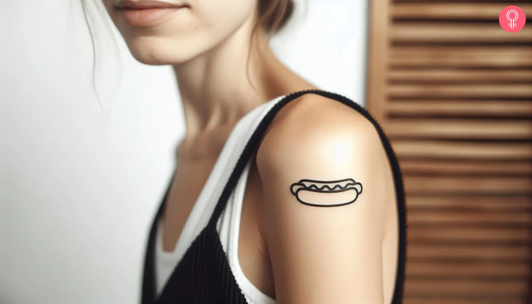 Woman with minimalist hot dog tattoo on her forearm