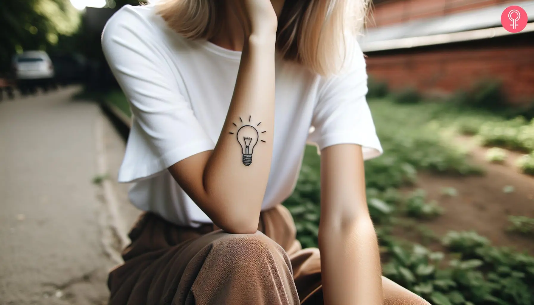 Minimalist light bulb tattoo on a woman’s forearm