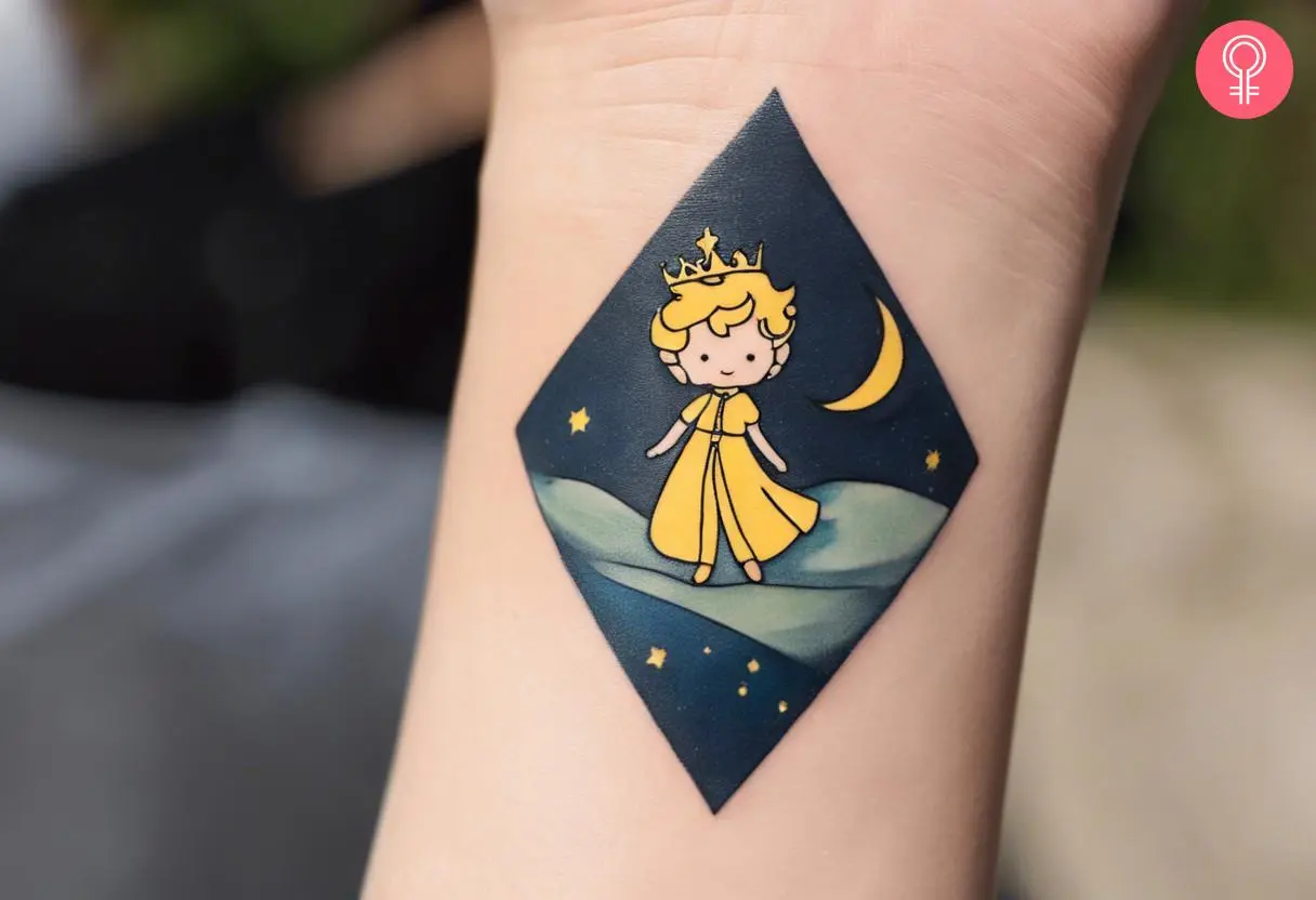 Minimalist little prince tattoo on the wrist of a woman