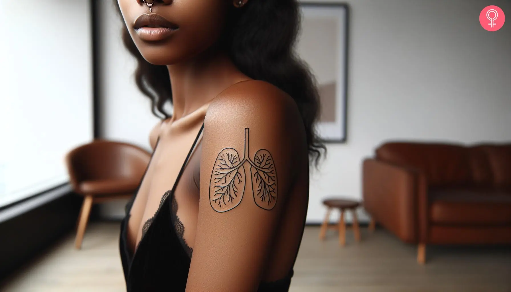 A minimalist lung tattoo on the upper arm