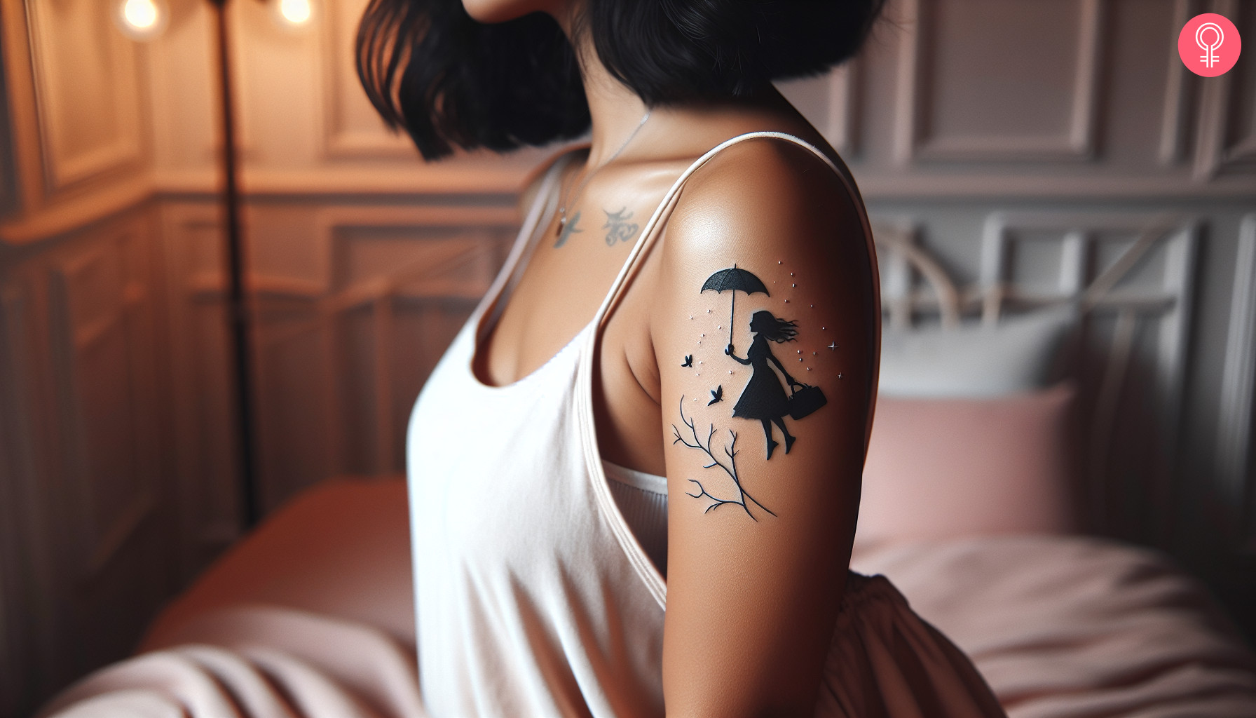 A woman with a black minimalist Mary Poppins tattoo on her upper arm