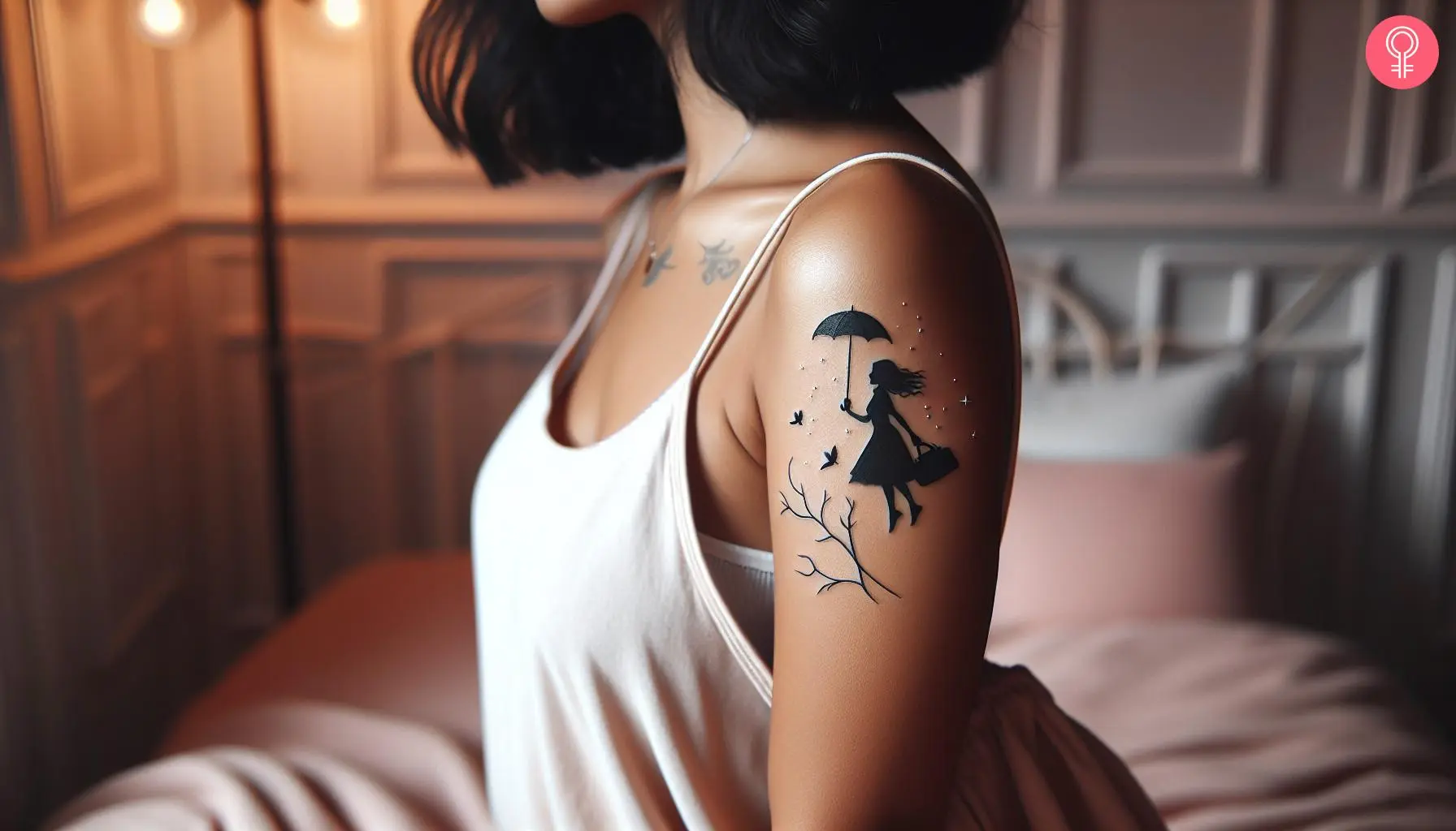 A woman with a black minimalist Mary Poppins tattoo on her upper arm