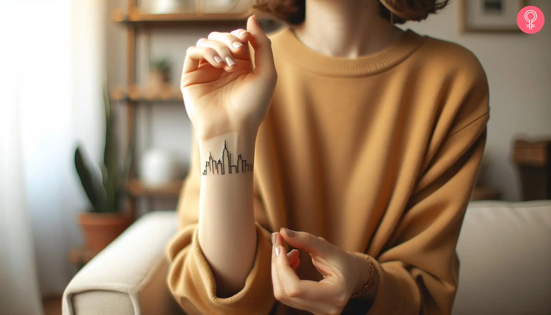 A minimalist NYC skyline tattoo on the wrist of a woman