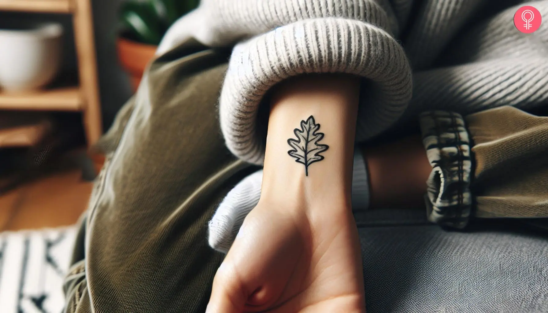 Minimalist oak leaf tattoo on the forearm