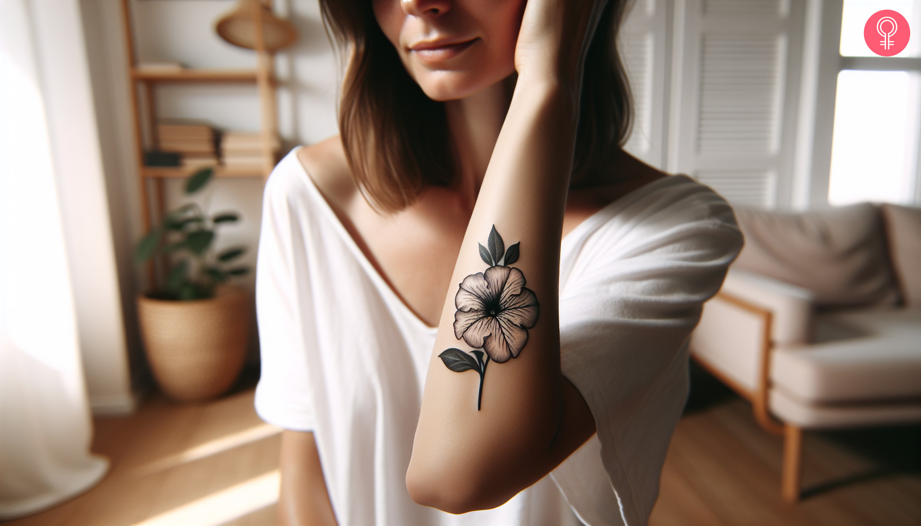 A woman with a minimalist petunia flower tattoo